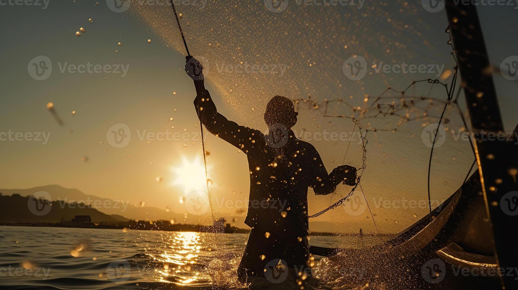 silhouet van Aziatisch vissers met visvangst netto in ochtend- zonneschijn langs haven. hou op beweging water laten vallen Aan zee, generatief ai foto