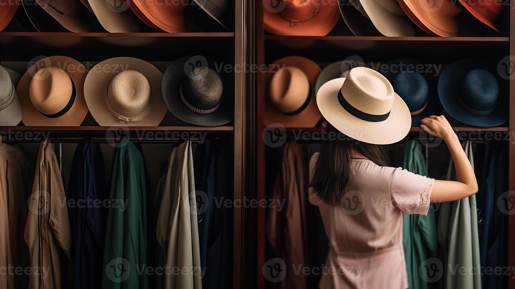 jong vrouw in hoed verborgen gezicht, regelen van kleren Bij garderobe, generatief ai foto