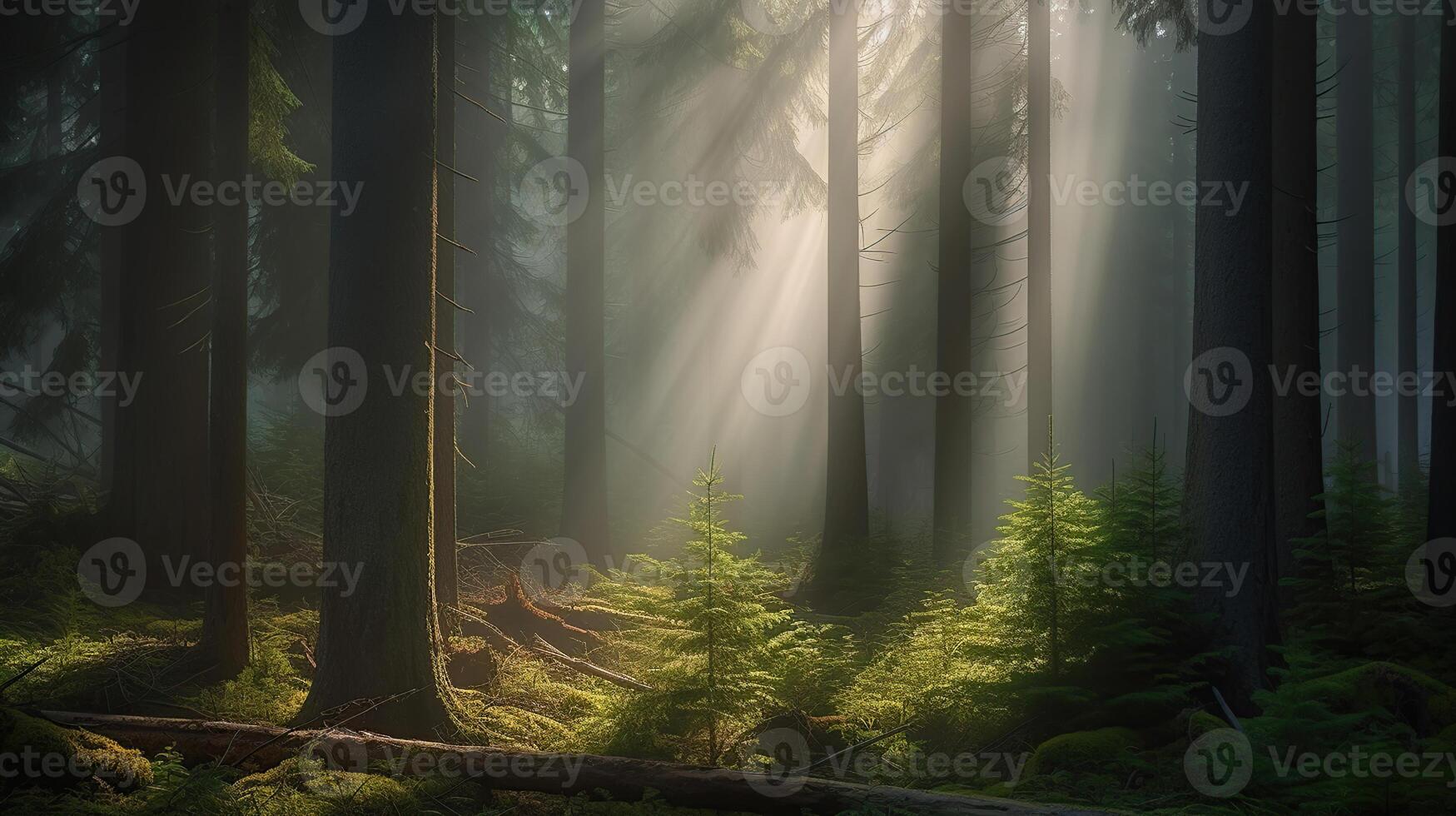 natuurlijk Woud van net bomen, zonnestralen door mist creëren mysticus atmosfeer, generatief ai foto
