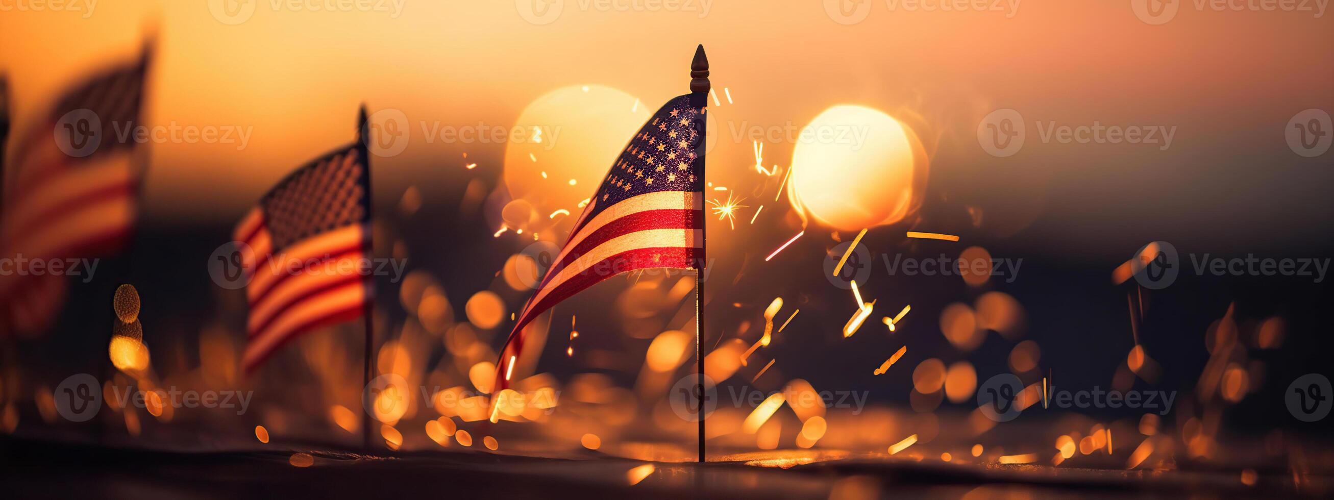 Amerikaans viering - Verenigde Staten van Amerika vlag en vuurwerk Bij zonsondergang, generatief ai foto