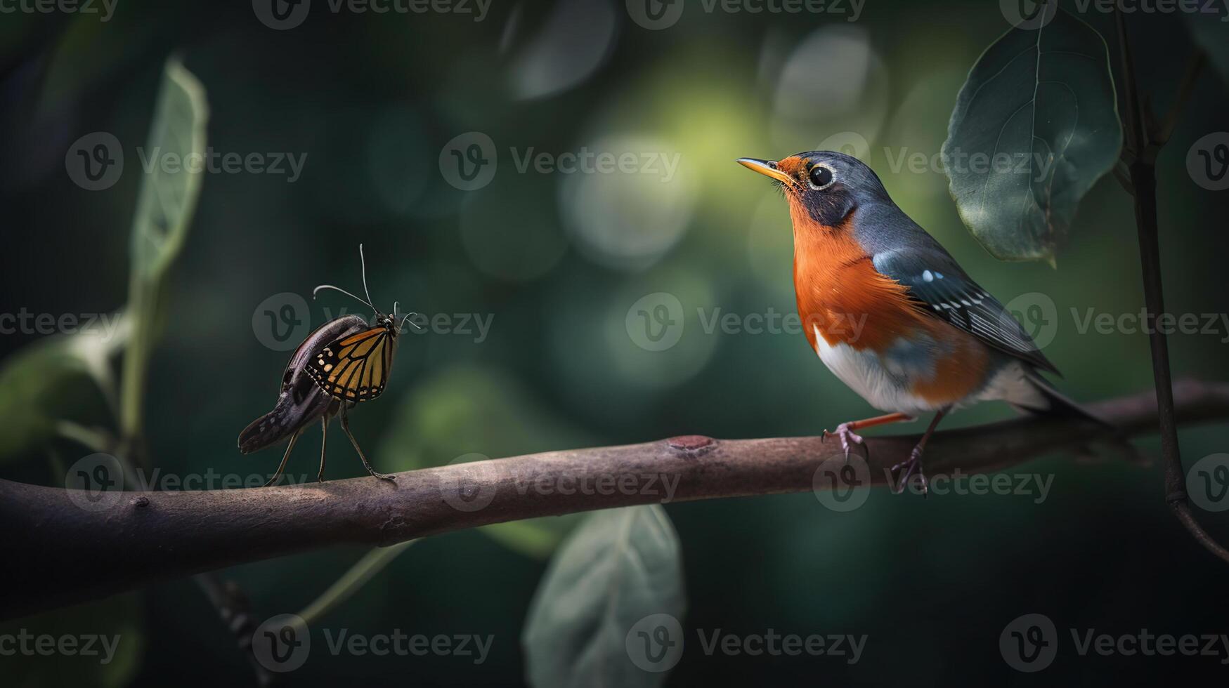 mooi achtergrond beeld van een wild Robin met verbijsterend kleuren en een monarch vlinder staand Aan een Afdeling. klein en schattig vogel op zoek Bij een prooi vlinder, generatief ai foto