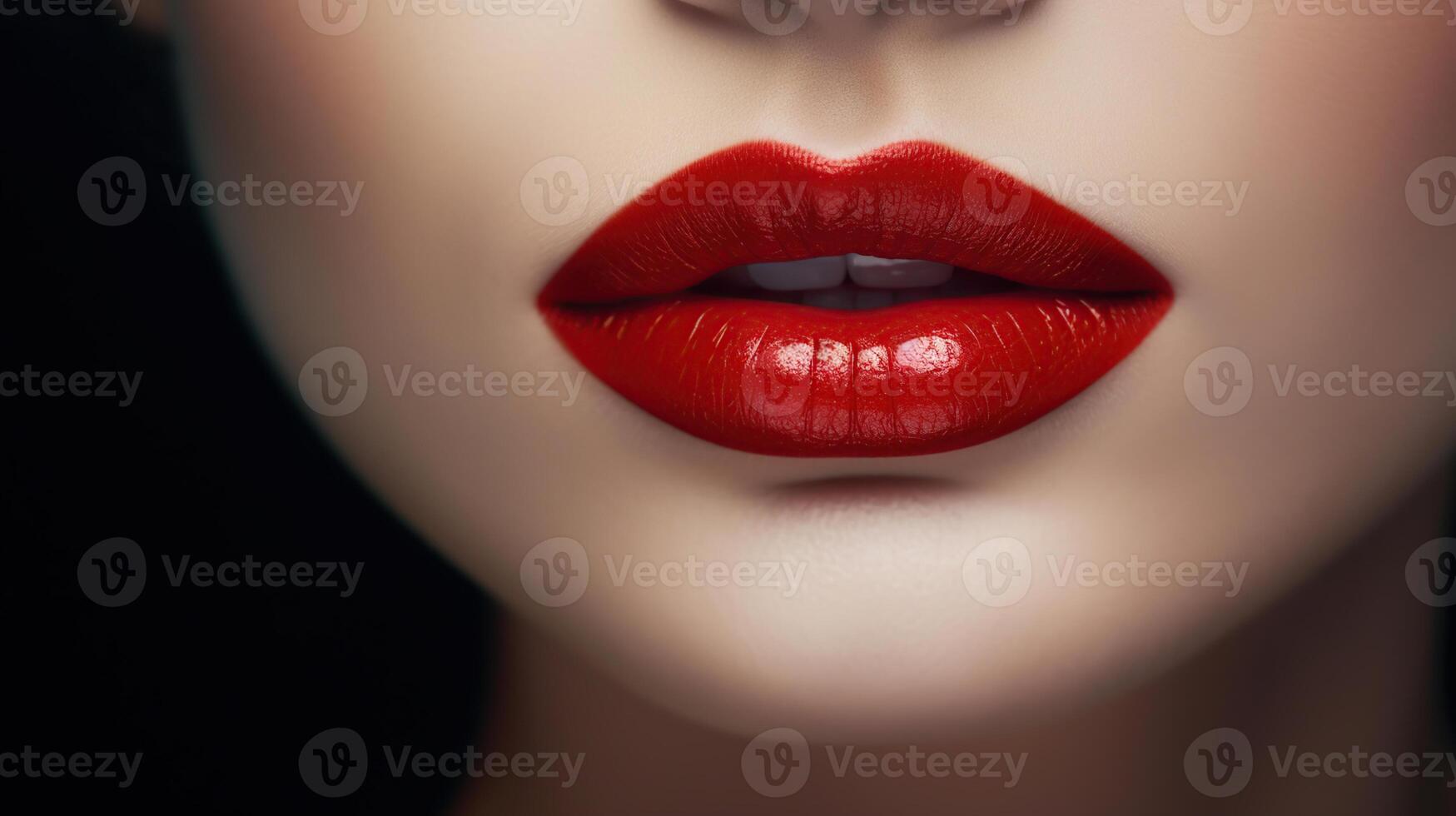 hoog mode, aantrekkingskracht detailopname lippen van mooi Kaukasisch jong vrouw model. perfect schoon huid met kleurrijk rood lippen en lippenstift. generatief ai foto