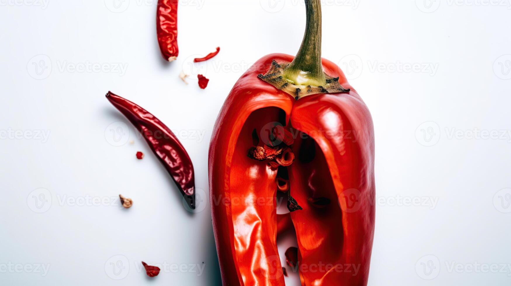 detailopname top visie rood Chili peper met gesneden Aan wit achtergrond, rauw voedsel ingrediënt concept, generatief ai foto
