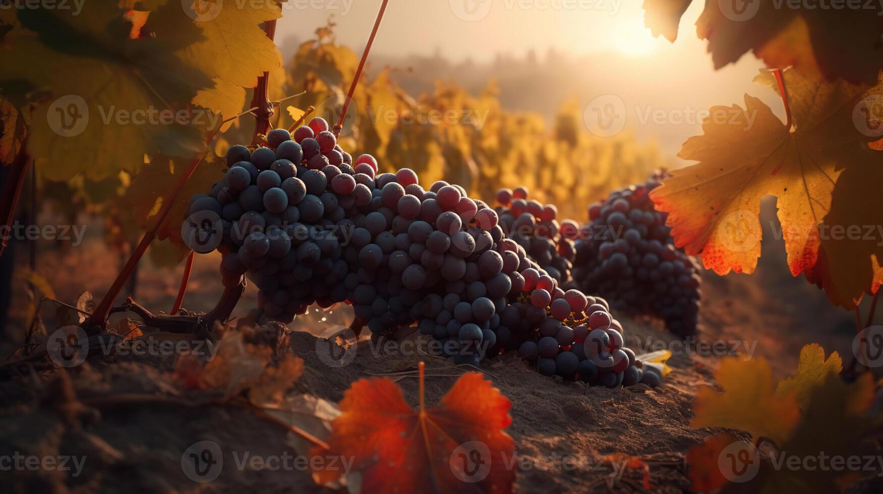 wijngaarden Bij zonsondergang in herfst oogst. rijp druiven in val, generatief ai foto