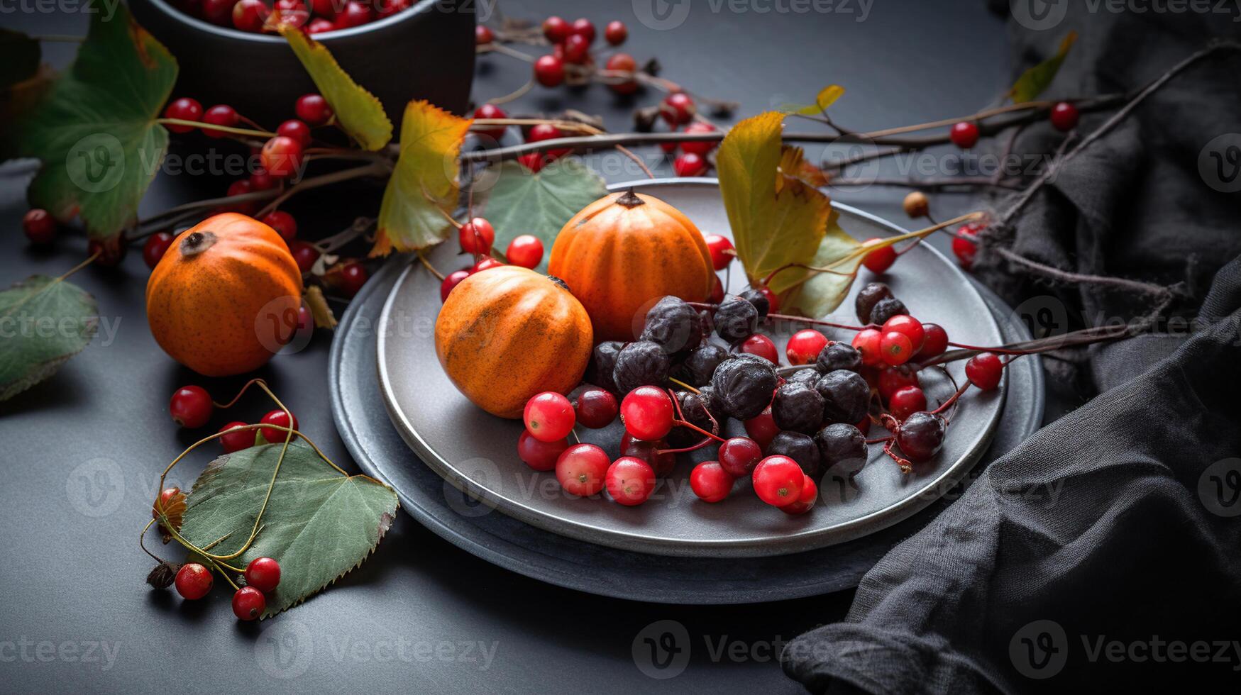 detailopname visie van seizoensgebonden tafel instelling met herfst bladeren, pompoenen en asbessen Aan grijs achtergrond, generatief ai foto