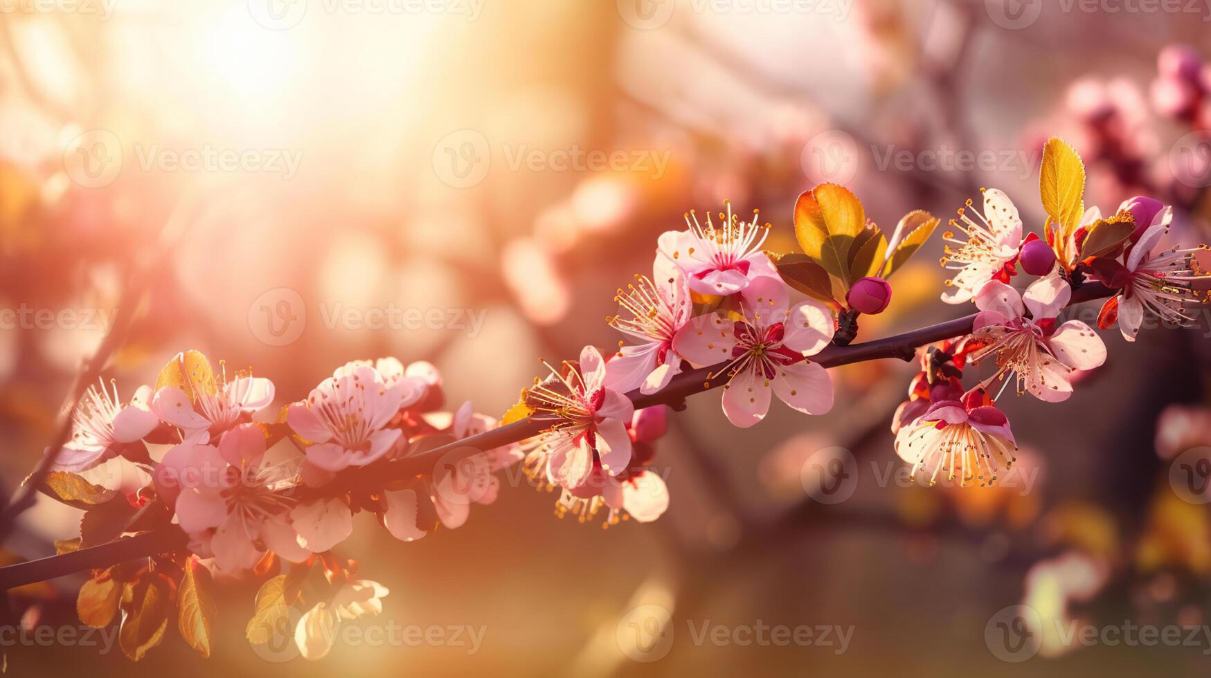 voorjaar bloesem achtergrond. mooi natuur tafereel met bloeiend boom en zon gloed. zonnig dag. voorjaar bloemen. mooi boomgaard. abstract wazig achtergrond, generatief ai foto