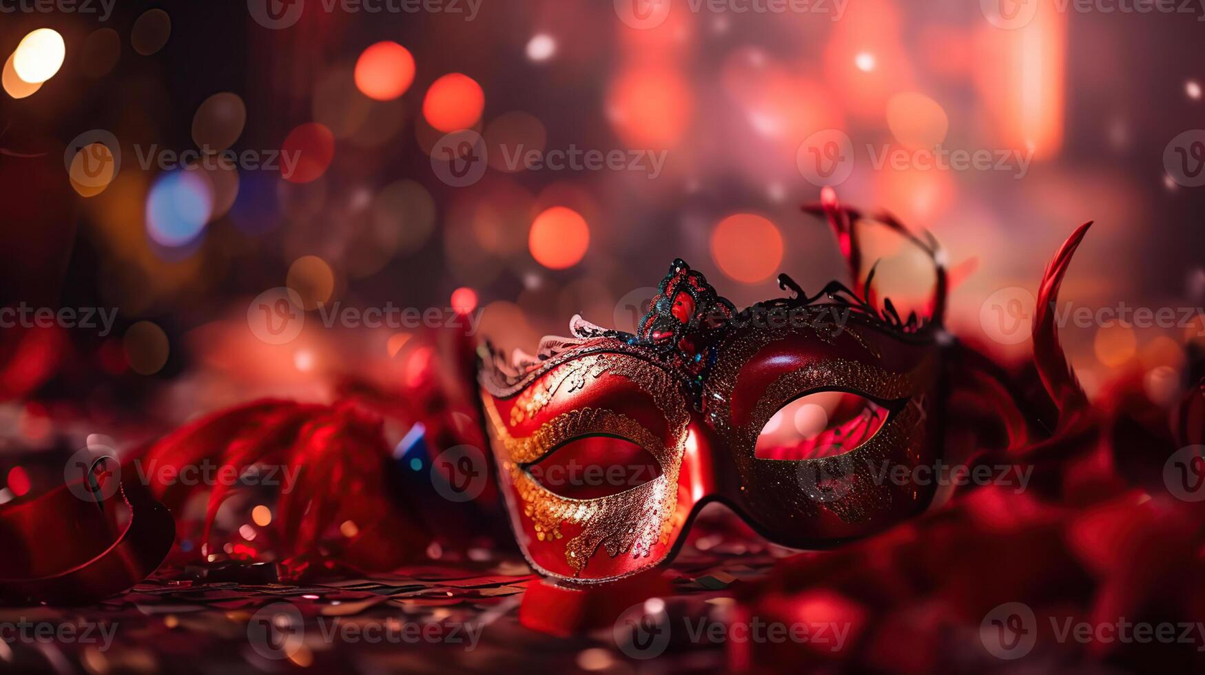 carnaval partij - Venetiaanse maskers Aan rood schitteren met glimmend slingers Aan abstract onscherp bokeh lichten, generatief ai foto