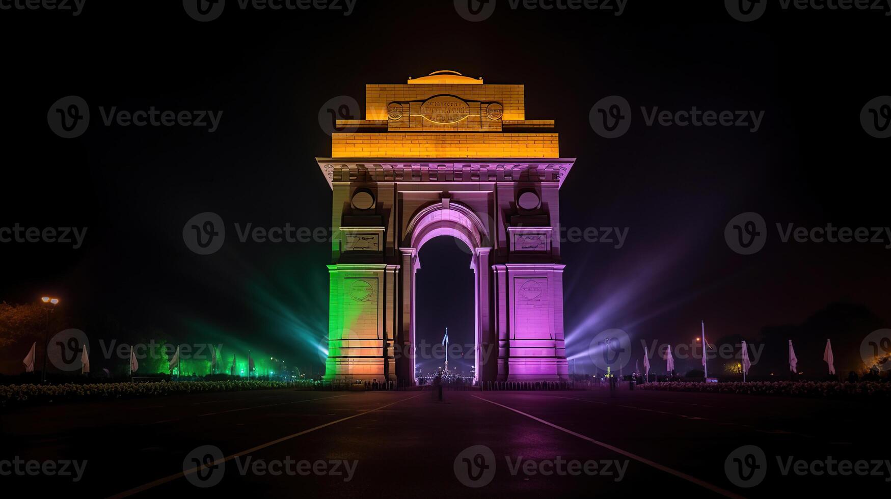 mooi Indië poort Bij nacht met veelkleurig lichten. deze mijlpaal is een van de hoofd attracties van Delhi en een populair toerist bestemming. generatief ai foto