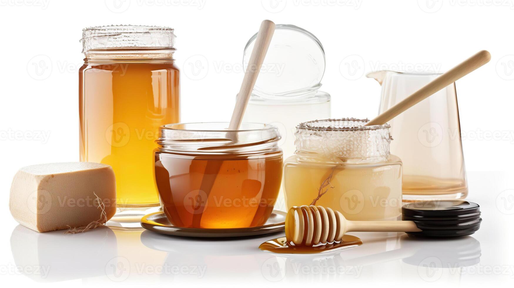 honing potten en houten dippers reeks geïsoleerd Aan wit achtergrond. pakket ontwerp element met knipsel pad, generatief ai foto
