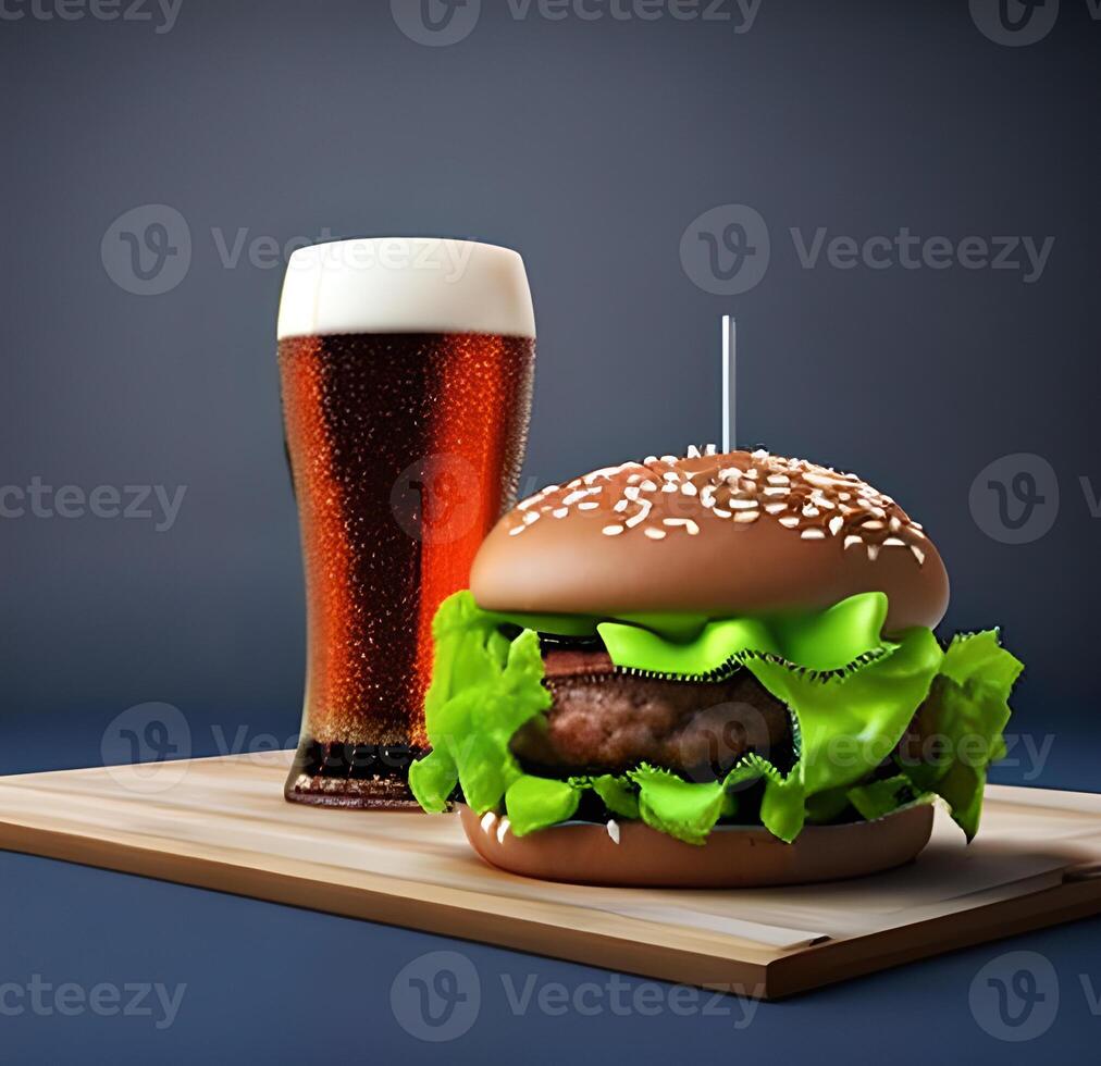 groot hamburger bier mok donker achtergrond ai gegenereerd foto