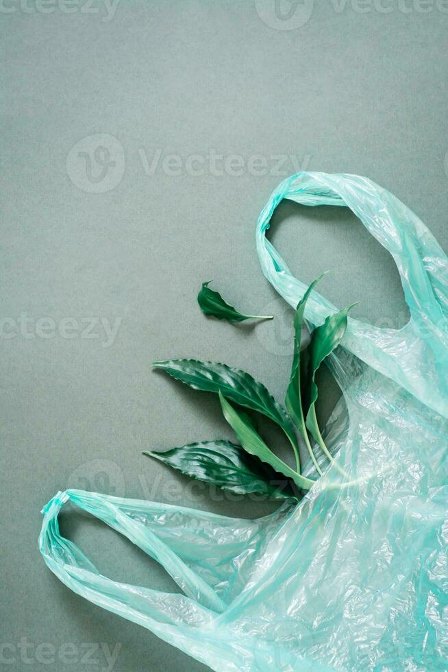vers leven bladeren in een plastic zak Aan een groen achtergrond. groen en milieu bescherming concept. top visie foto