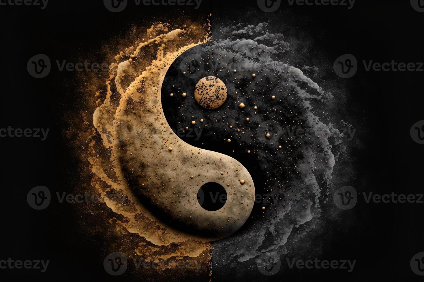 gouden en zwart yin yang symbool met drijvend poeder Aan zwart achtergrond. abstractie, Boeddhisme, hindoeïsme, symbool, geloof, balans concept. generatief ai foto