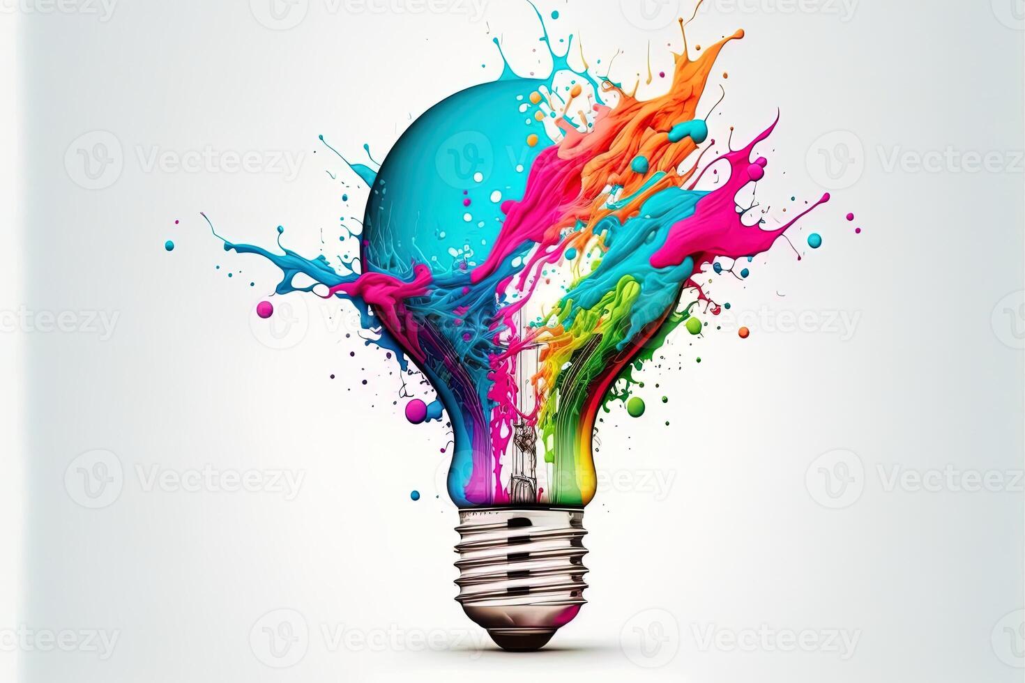 illustratie van kleurrijk lamp met plons van kleuren Aan wit achtergrond. creativiteit, eureka, verbeelding, inspiratie. generatief ai. idee en oplossing concept foto
