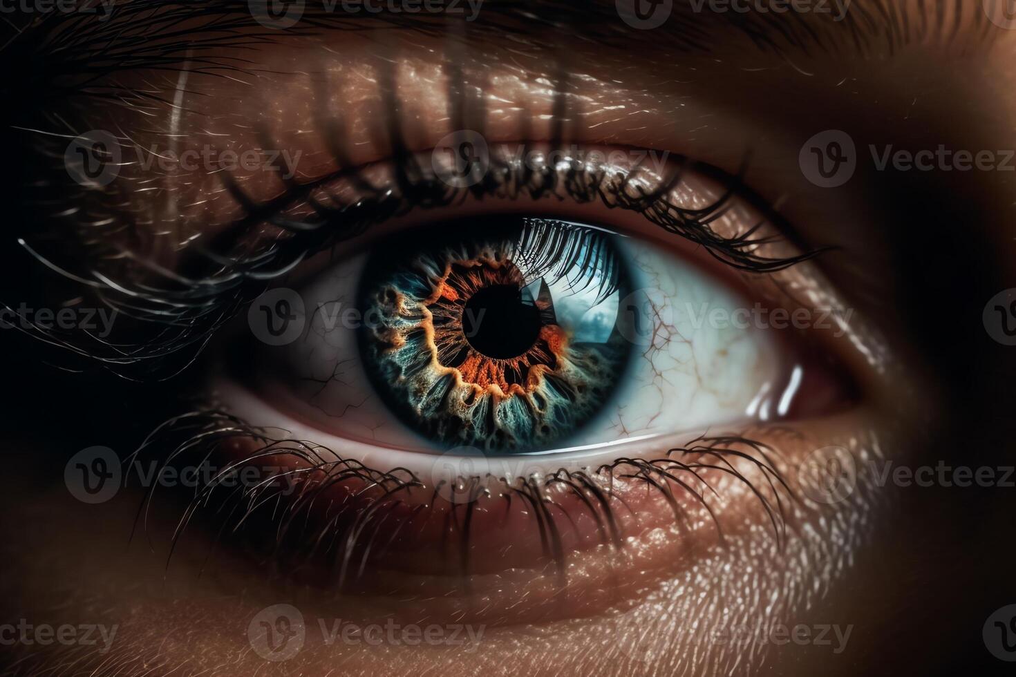 detailopname foto van menselijk oog vangt de ingewikkeld details menselijk gezicht scherp focus en hoog niveau van detail ogen structuur. ai gegenereerd