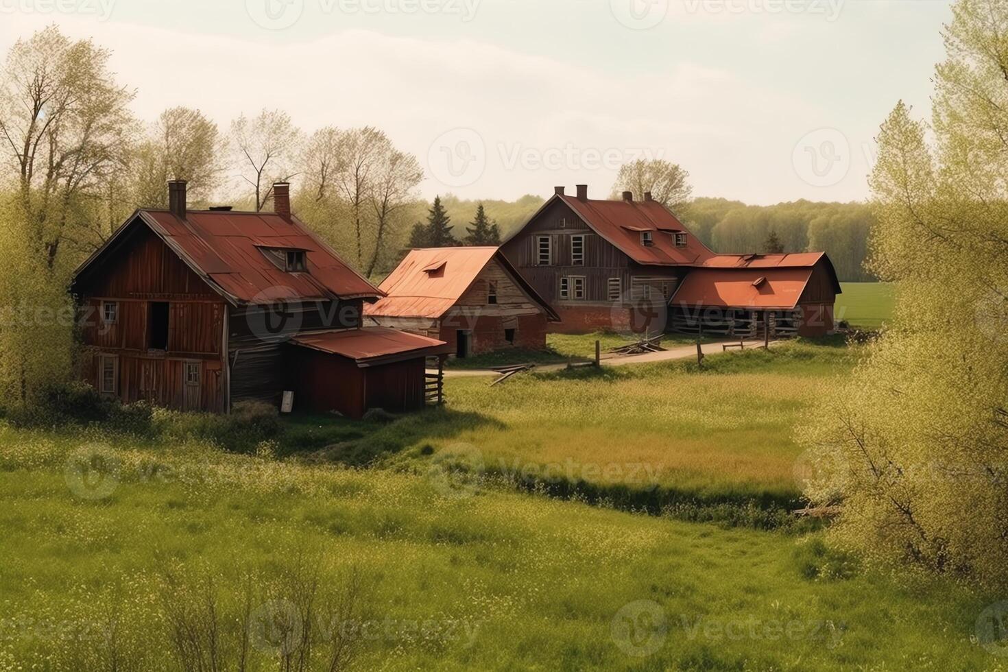 dorp schuur en verlaten boerderij huizen gemaakt van rood hout in veld. ai gegenereerd foto