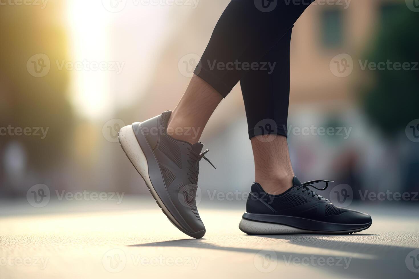 poten visie van een persoon wandelen Aan de weg vervelend sport- schoenen. ai gegenereerd foto