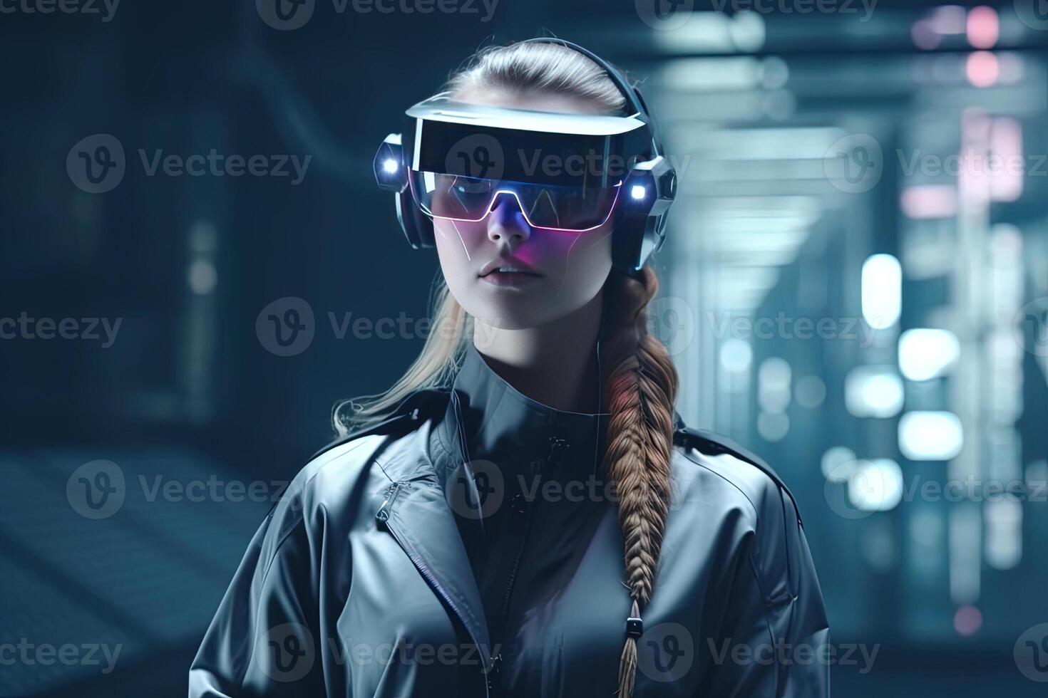 een vrouw vervelend een virtueel realiteit hoofdtelefoon. ai gegenereerd foto