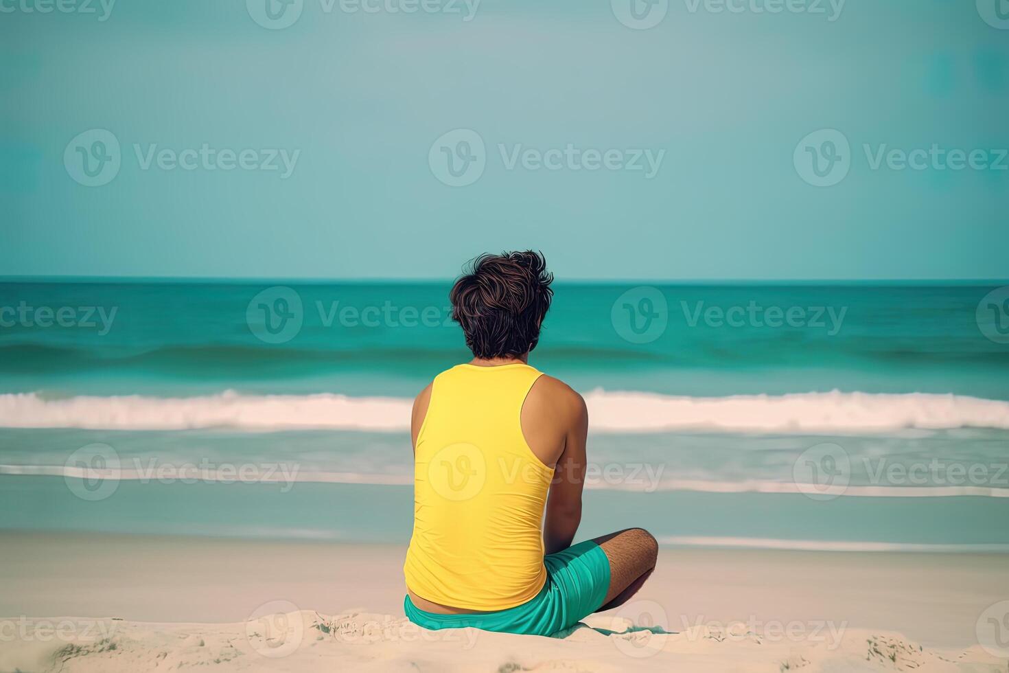 terug visie van een Mens zittend Aan een strand. ai gegenereerd foto