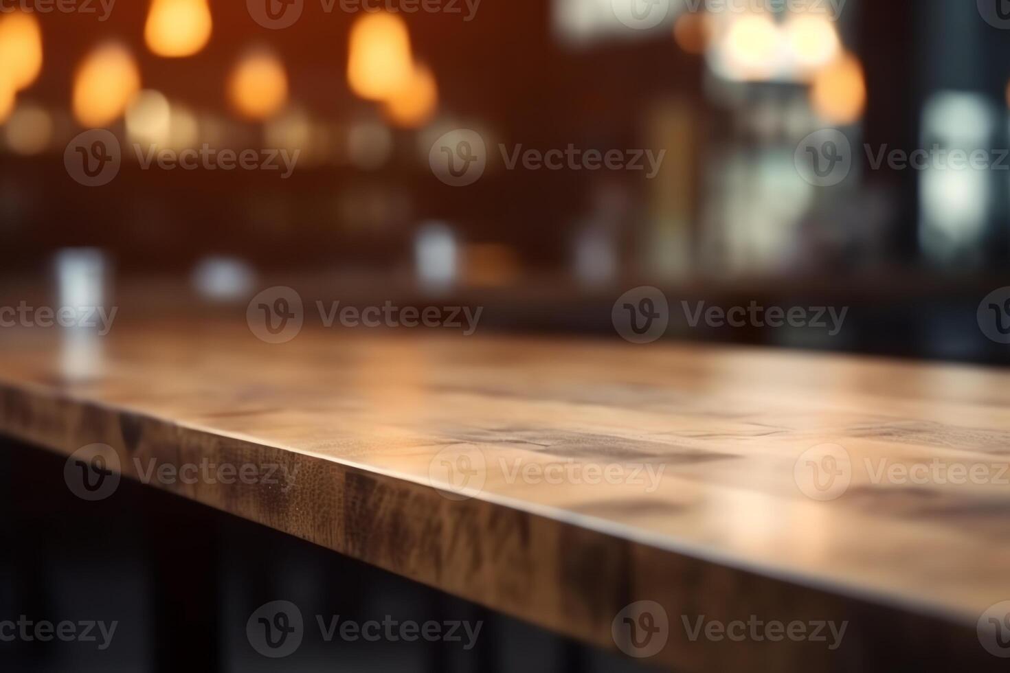 abstract wazig cafe achtergrond leeg houten tafel top met bokeh en blanco ruimte Product Aan restaurant bureau. ai gegenereerd foto