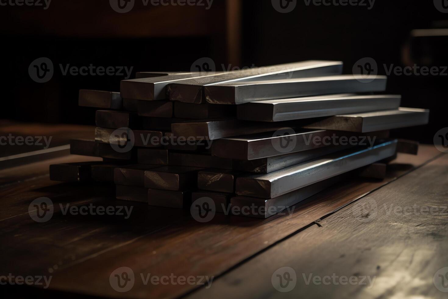 een stack van metaal bars zittend Aan top van een tafel. ai gegenereerd foto