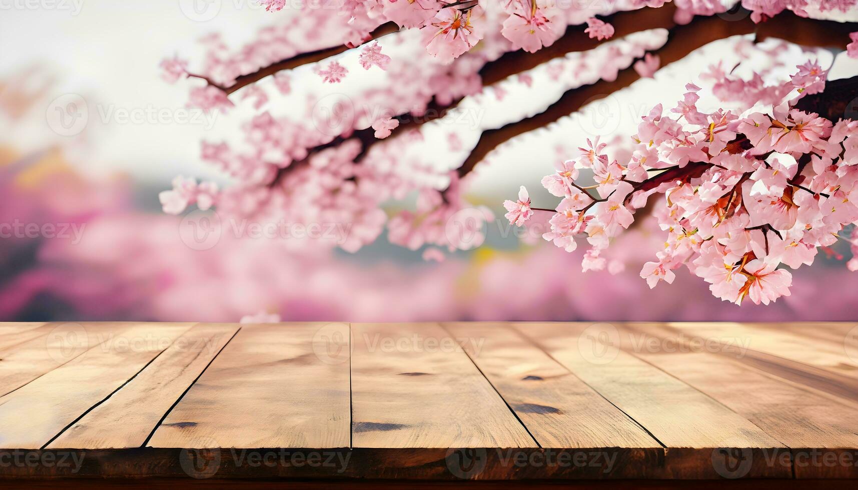 leeg hout tafel top en sakura achtergrond. foto