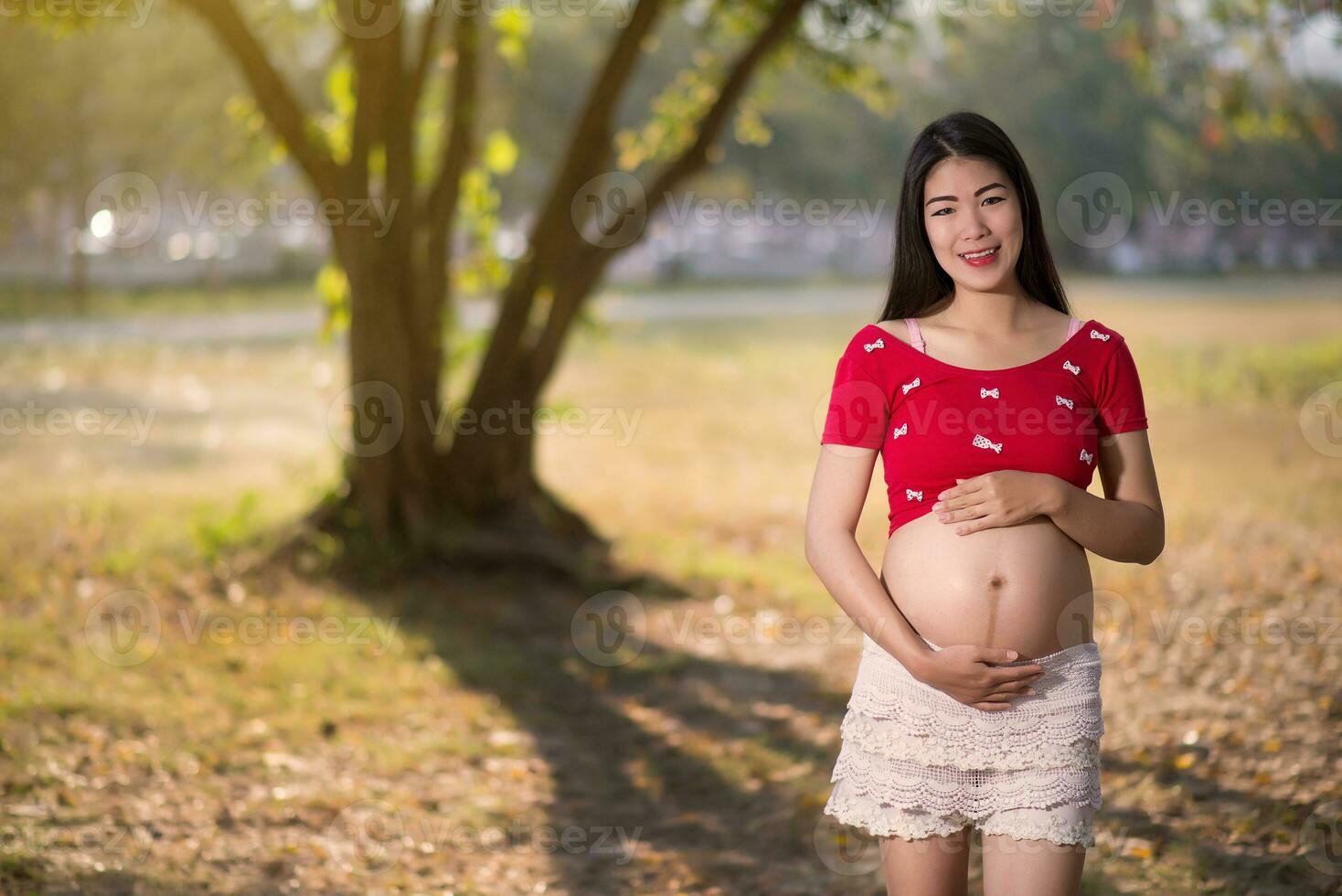 afbeelding van zwangere vrouw die haar buik met handen aanraakt foto