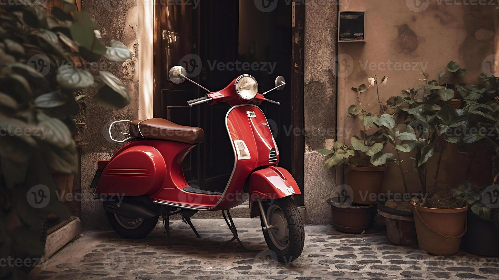 rood vespa 50 speciaal geparkeerd in een steeg in voorkant van een periode deur en potten met planten. generatief ai, foto