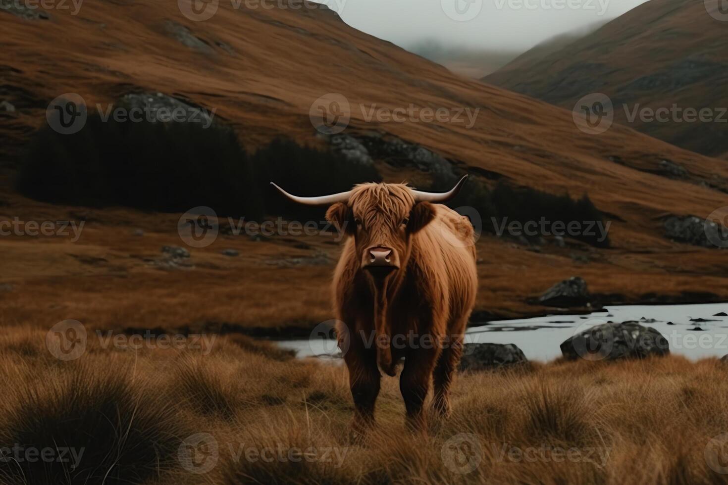 Schots koe in de bergen. ai gegenereerd foto