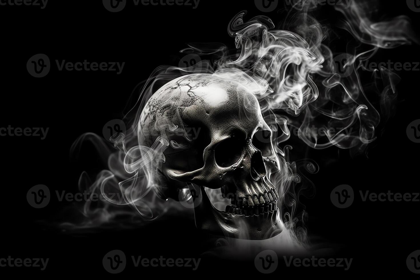 hoog contrast beeld van een spookachtig schedel opkomend van een pluim van rook. ai gegenereerd foto