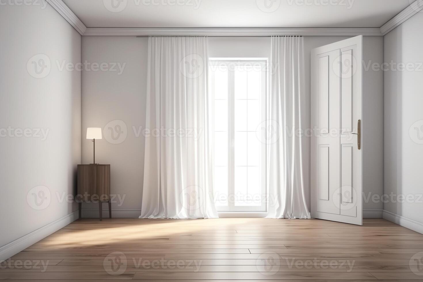 wit leeg kamer mockup met bruin gordijn wit deur en hout verdieping 3d illustratie. ai gegenereerd foto