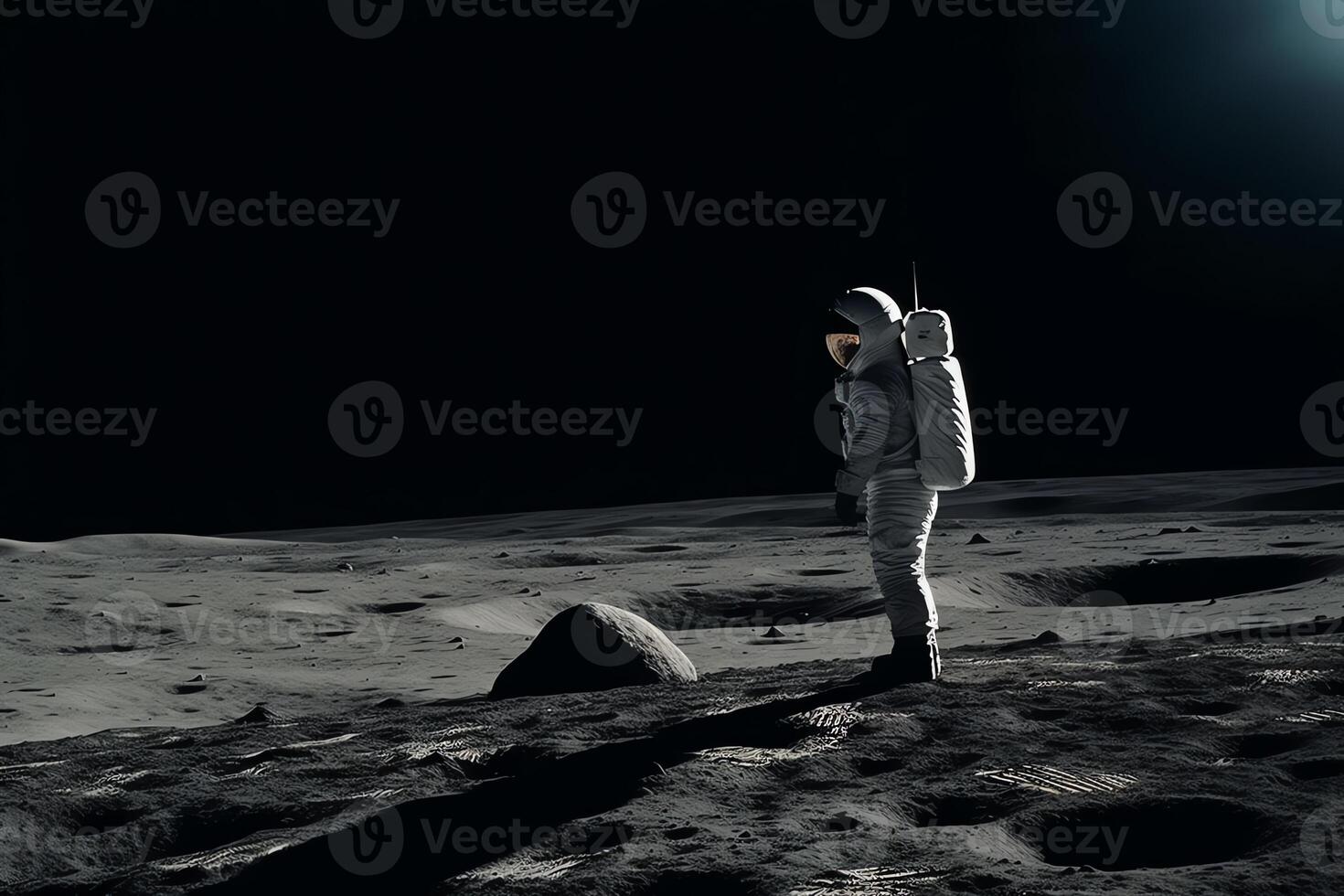een astronaut staand Aan de maan op zoek Bij een groot aarde Leuk vinden planeet. ai gegenereerd foto