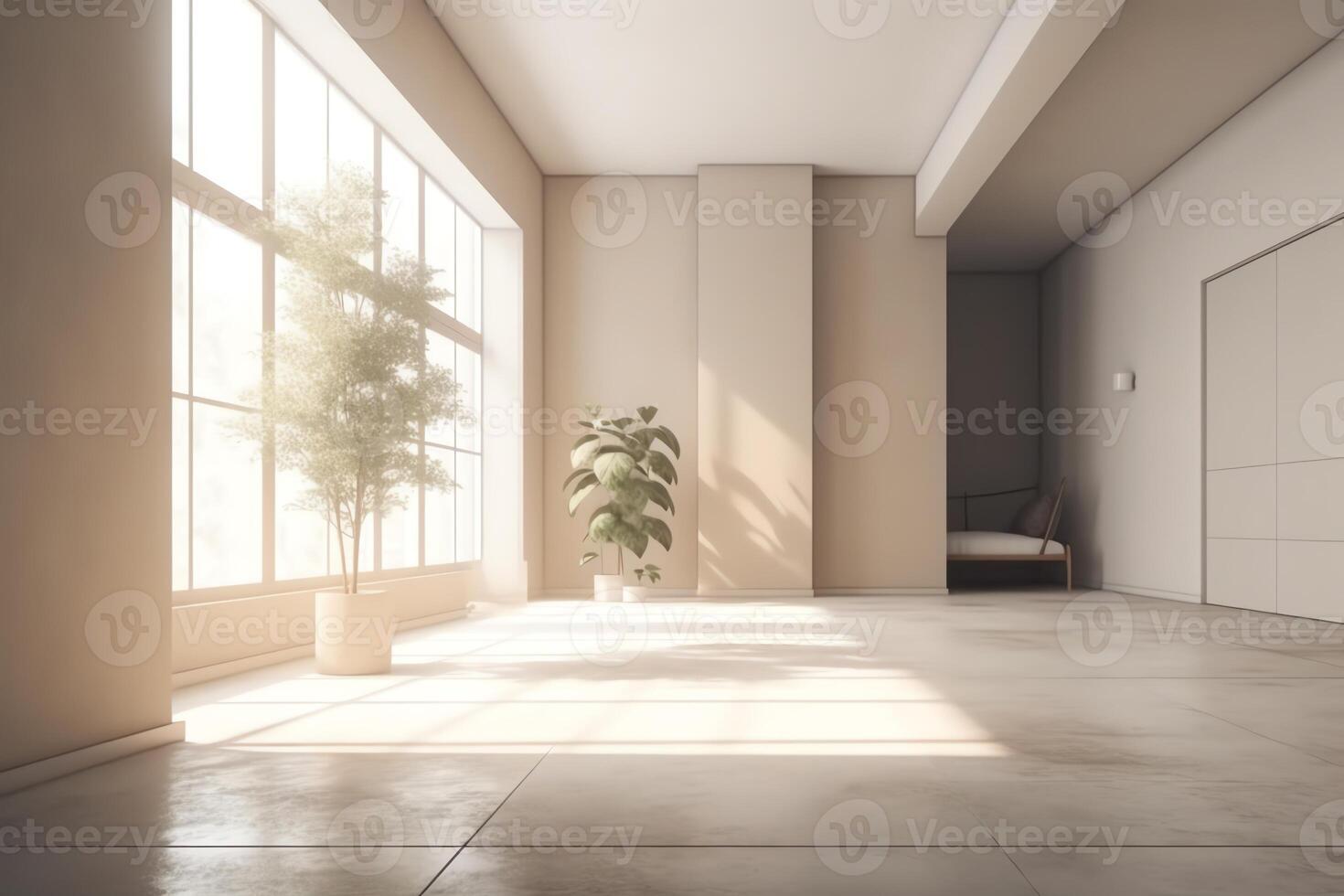 minimalistische leeg kamer met beige en wit achtergronden beton verdieping zon straal knus huis binnen- fabriek Oppervlakte kantoor en leven kamers bespotten omhoog 3d weergave. ai gegenereerd foto