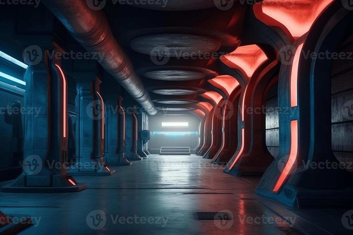 buitenaards wezen sci fi futuristische kolommen ruimteschip blauw rood lichten hangar groot beton cement asfalt kelder gang studio toonzaal bunker garage 3d weergave. ai gegenereerd foto