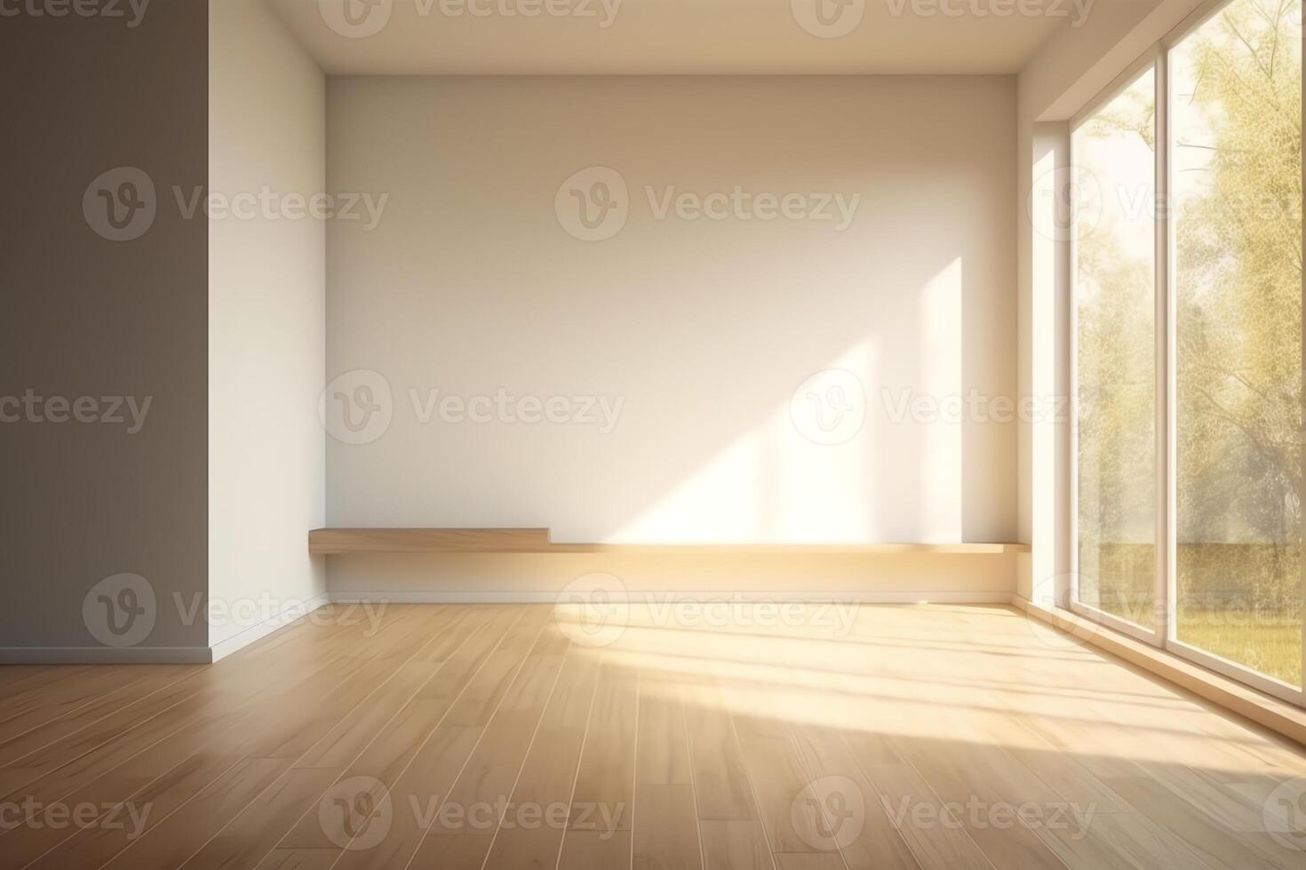 mockup van wit leeg kamer en hout laminaat verdieping met zon licht gips de schaduw Aan de muur perspectief van minimaal binnenste ontwerp Aan natuur achtergrond 3d weergave. ai gegenereerd foto