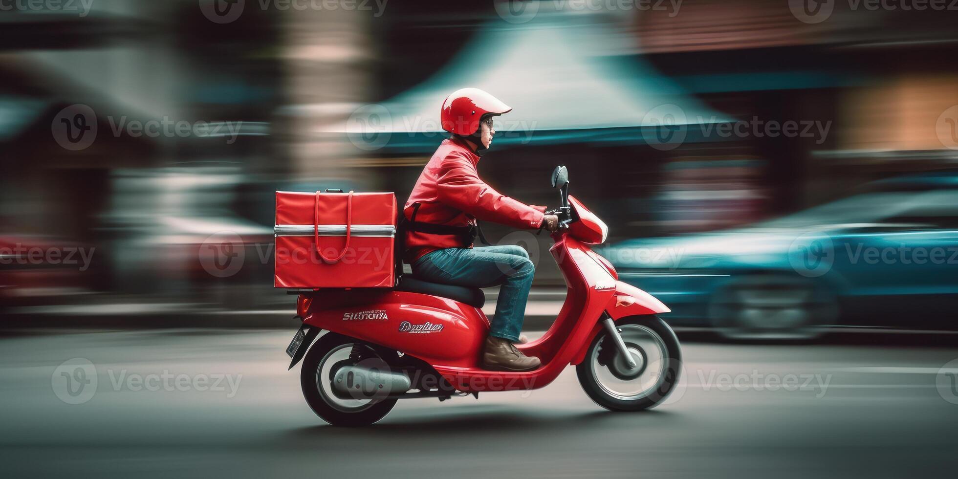 levering Mens rijden scooter motorfiets met beweging vervagen stadsgezicht achtergrond. generatief ai foto