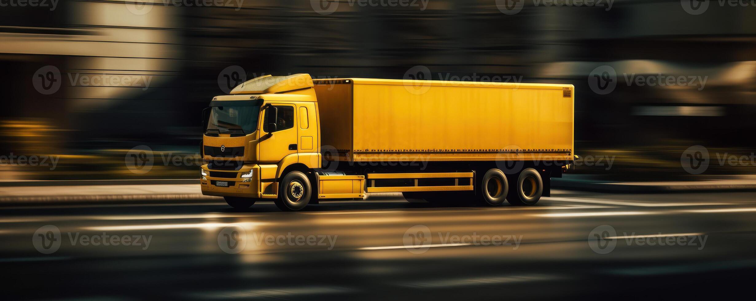 vrachtauto met lading het rijden Aan de weg met stadsgezicht beweging vervagen achtergrond. generatief ai foto