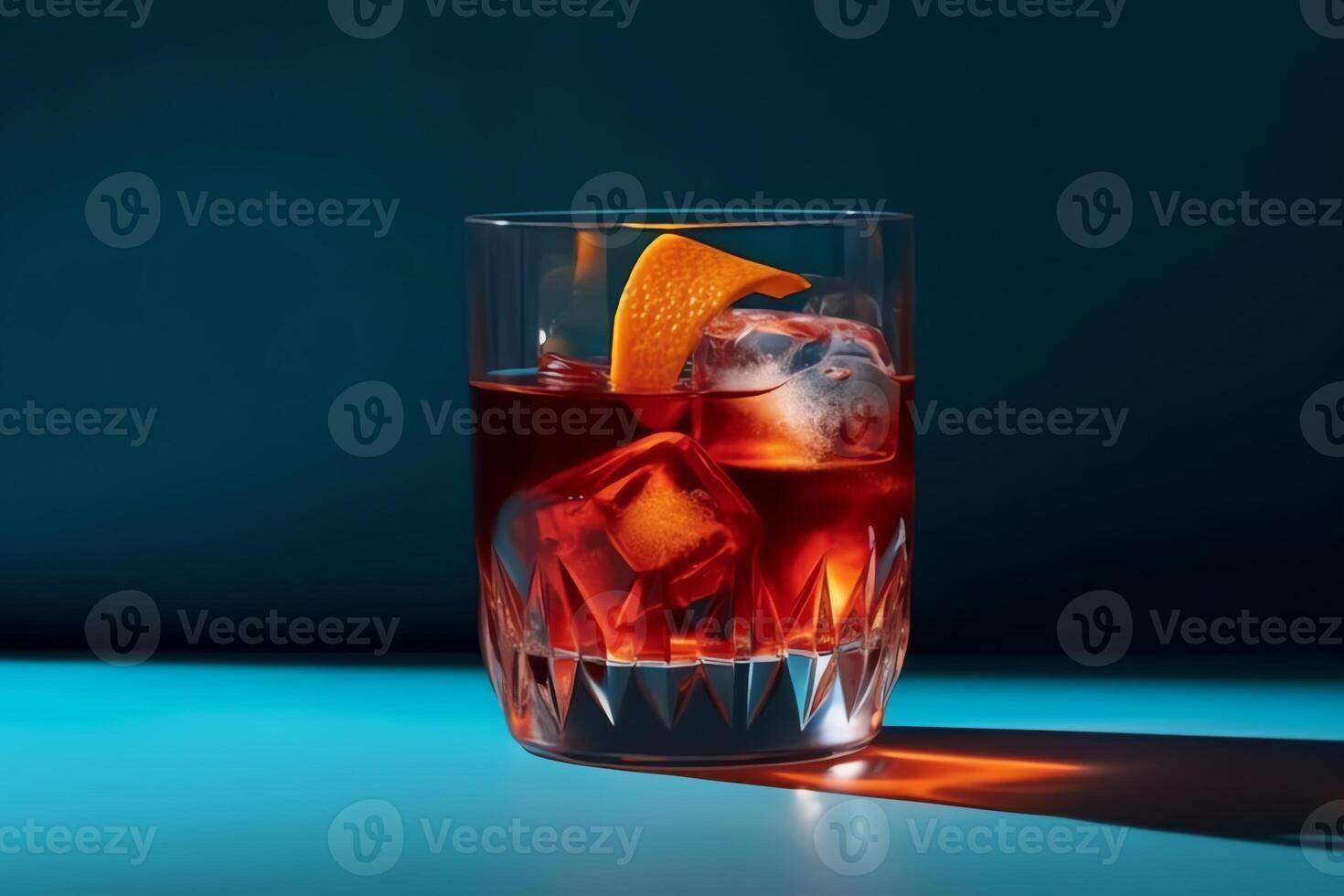 populair cocktail negroni met gin en vermout Aan blauw achtergrond met schaduw negroni cocktail Aan gekleurd achtergrond in modieus stijl hedendaags concept met alcohol drank. ai gegenereerd foto