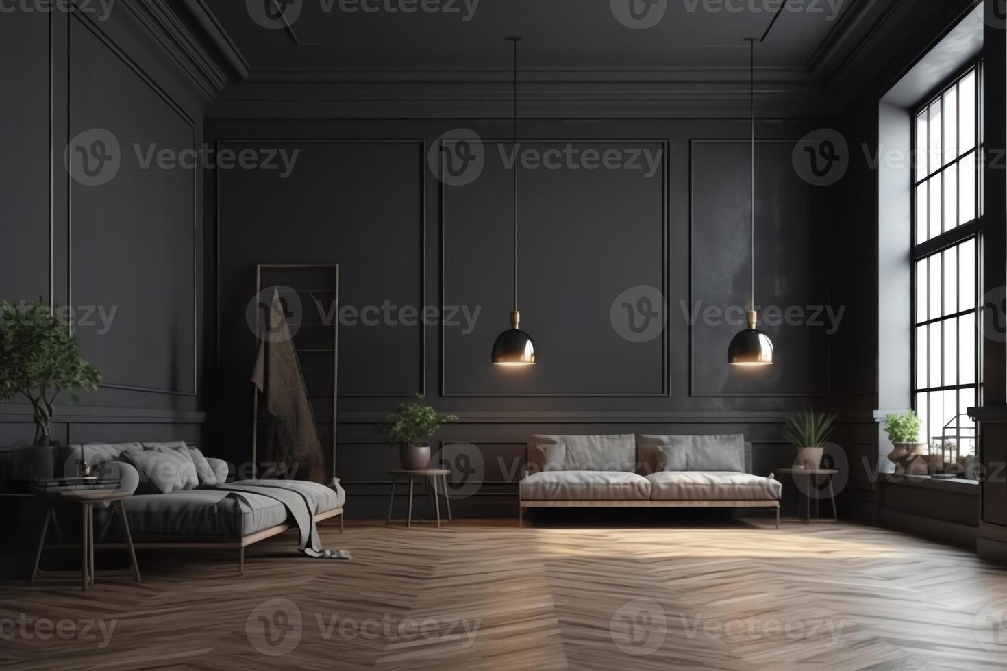 wijnoogst modern interieur van leven kamer leeg kamer donker grijs muur en hout vloeren 3d weergave. ai gegenereerd foto