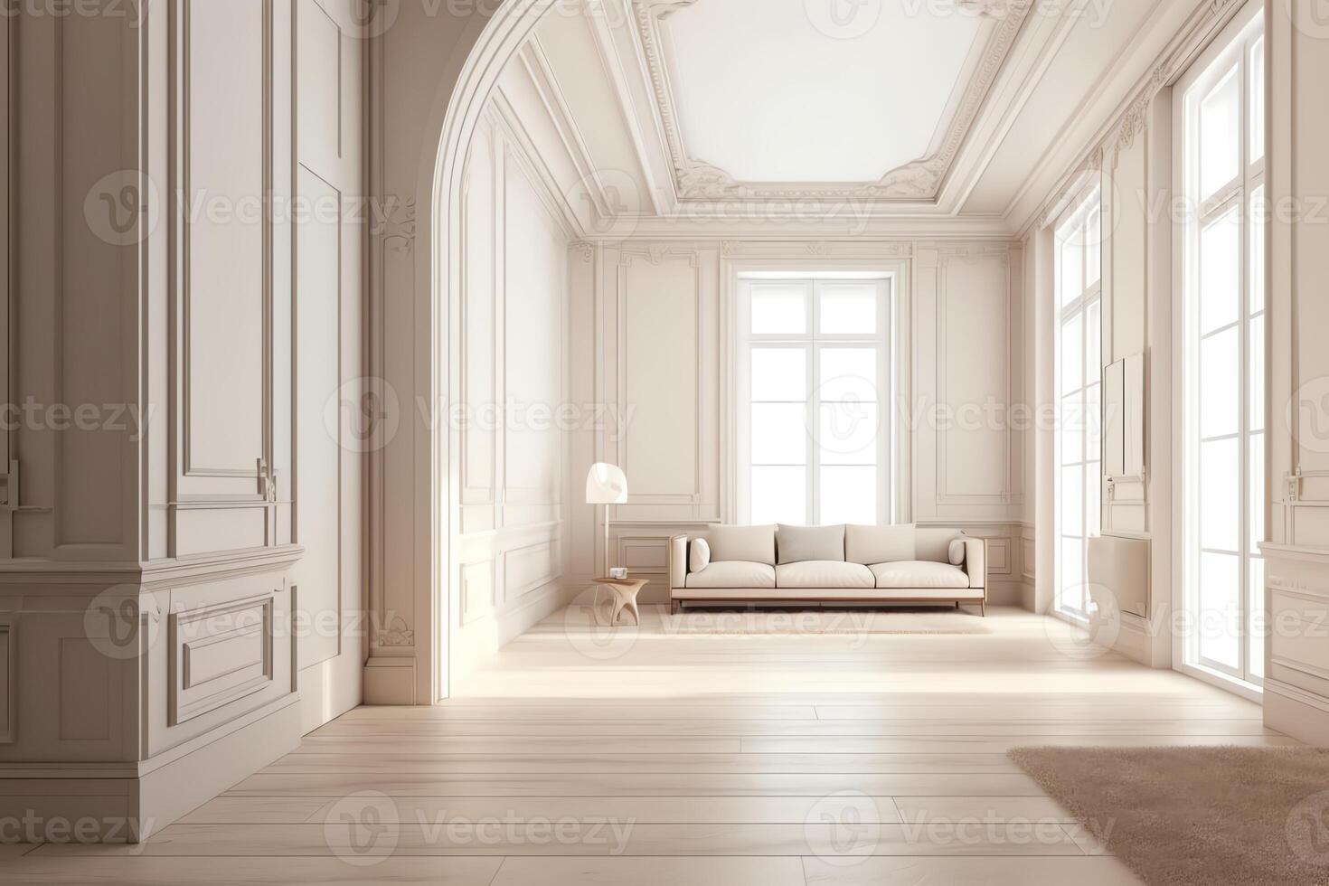 hedendaags beige wit helder leeg interieur met muur paneel en lijstwerk 3d geven illustratie model. ai gegenereerd foto