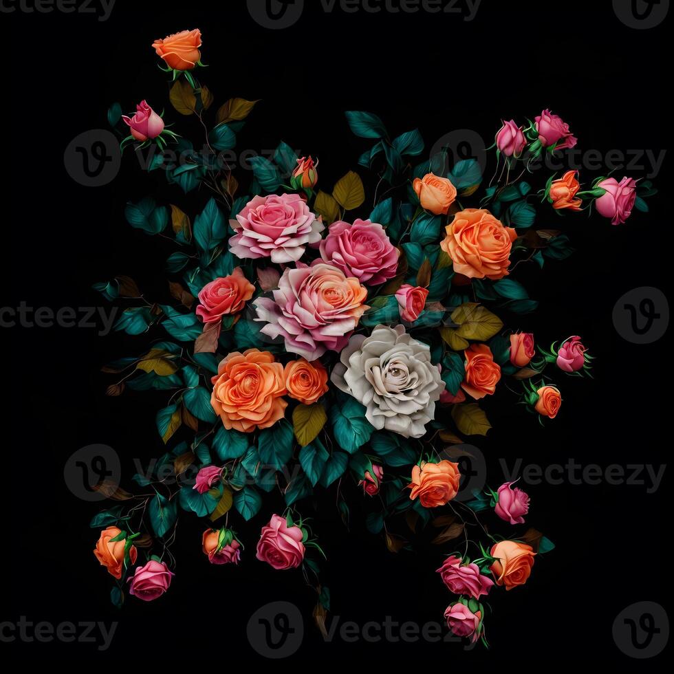 een schilderij van bloemen met bladeren en bloemen Aan een zwart achtergrond. boeket van kleurrijk tuin bloemen Aan zwart achtergrond. ontworpen met kunstmatig intelligentie, generatief ai foto