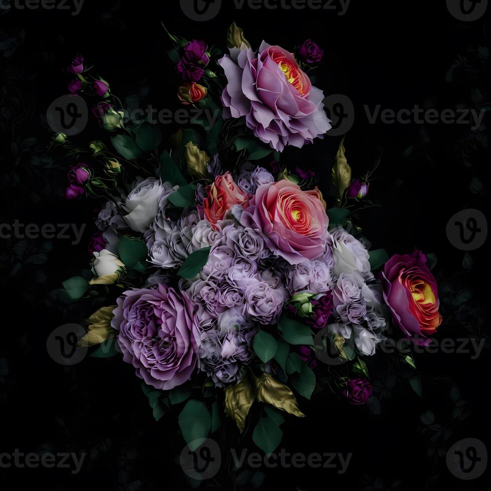 een schilderij van bloemen met bladeren en bloemen Aan een zwart achtergrond. boeket van kleurrijk tuin bloemen Aan zwart achtergrond. ontworpen met kunstmatig intelligentie, generatief ai foto