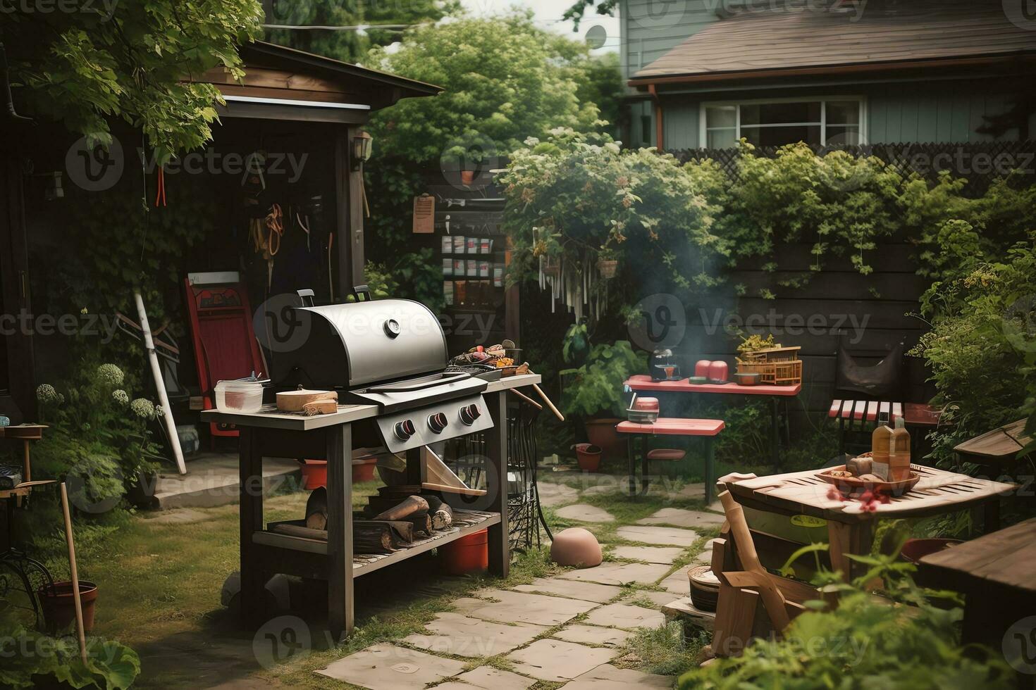 achtertuin barbecue. ai gegenereerd foto