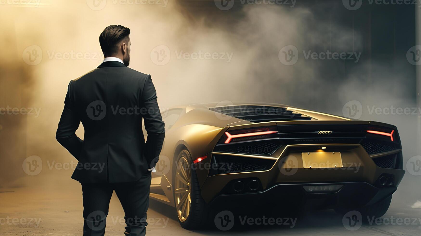een rijk zakenman staand in voorkant van een luxueus supercar. generatief ai foto