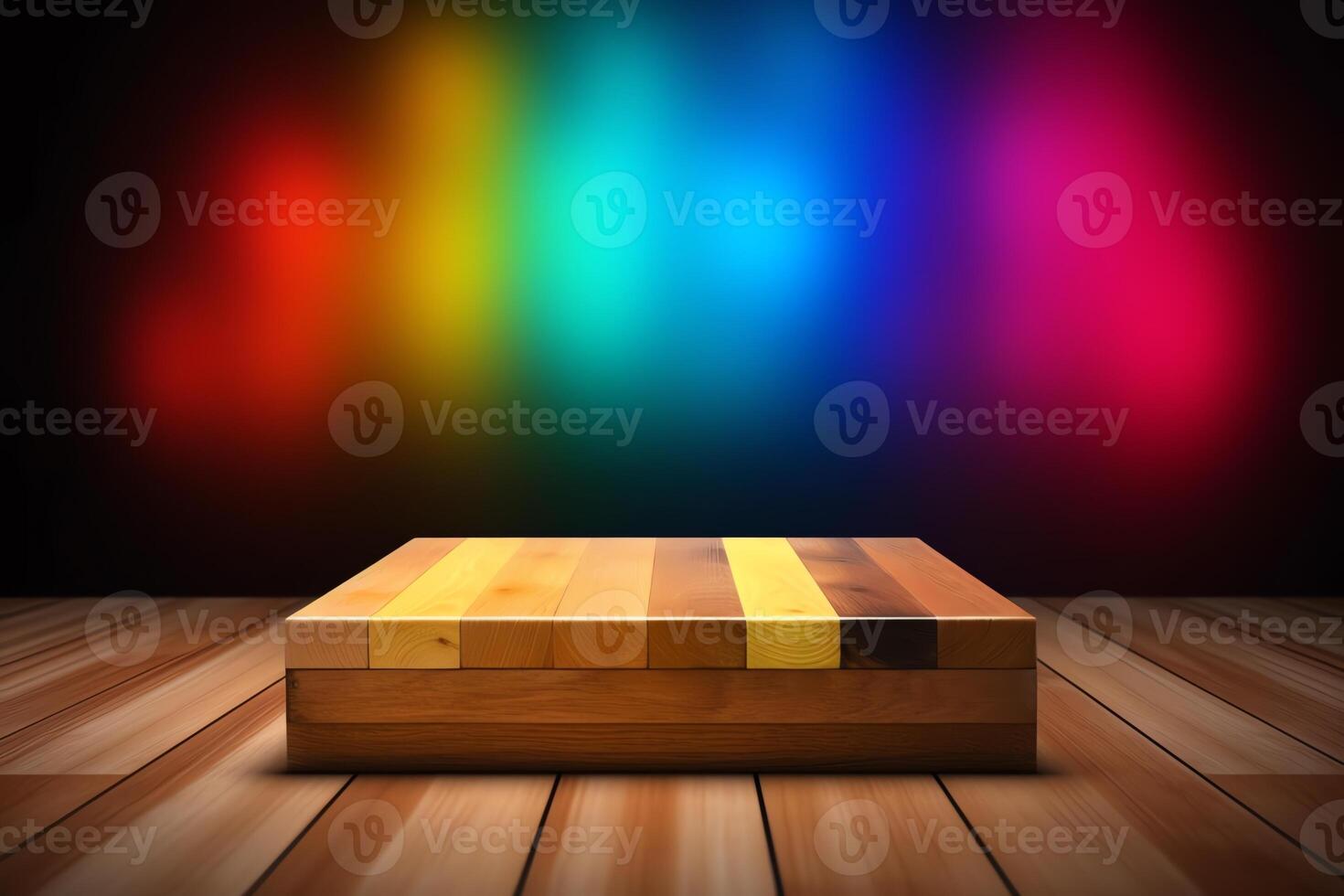 blanco houten tafel geïsoleerd Aan kleurrijk verlichting achtergrond. ai gegenereerd foto