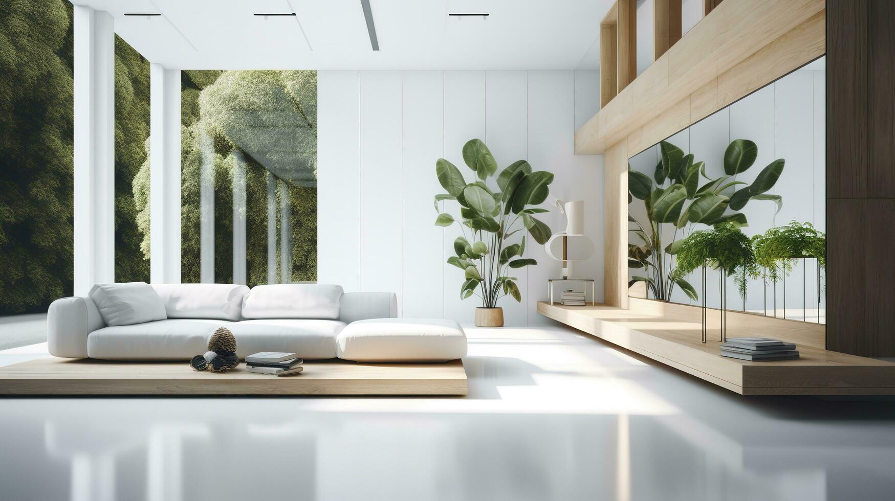 een futuristische wit minimaal interieur van een leven kamer, luxueus interieur, extra groot sofa ontwerp, tropisch planten, visie met uitzicht de natuurlijk landschap, en modern zwemmen zwembad, genereren ai foto