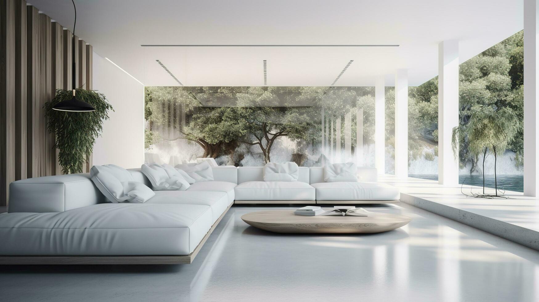 een futuristische wit minimaal interieur van een leven kamer, luxueus interieur, extra groot sofa ontwerp, tropisch planten, visie met uitzicht de natuurlijk landschap, en modern zwemmen zwembad, genereren ai foto