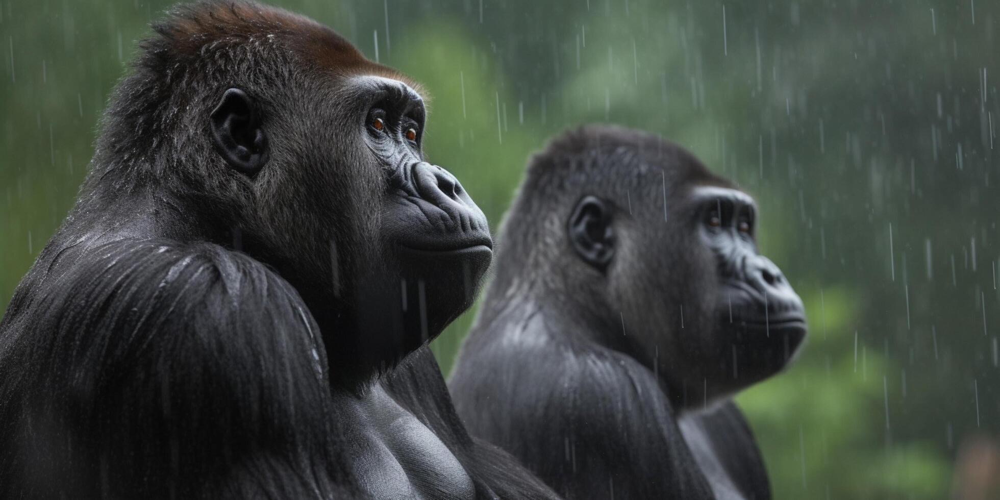 twee gorilla's zijn zittend in de regen ai gegenereerd foto