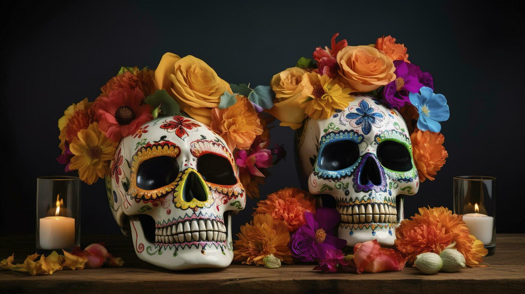 dag van de dood schedels. dia de los muertos. dag van de dood en Mexicaans halloween achtergrond. Mexicaans traditie festival. dag van de dood suiker schedel. dia de los muertos, genereren ai foto