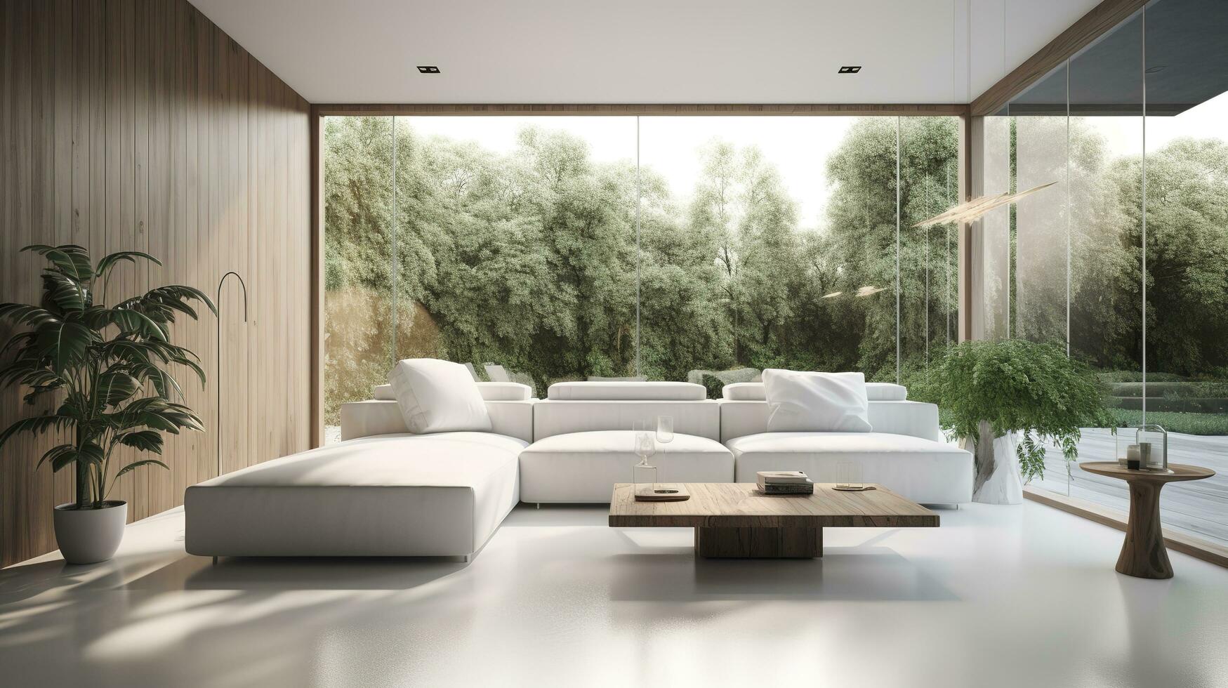 een futuristische wit minimaal interieur van een leven kamer, luxueus interieur, extra groot sofa ontwerp, tropisch planten, visie met uitzicht de natuurlijk landschap, en modern zwemmen zwembad, genereren ai foto