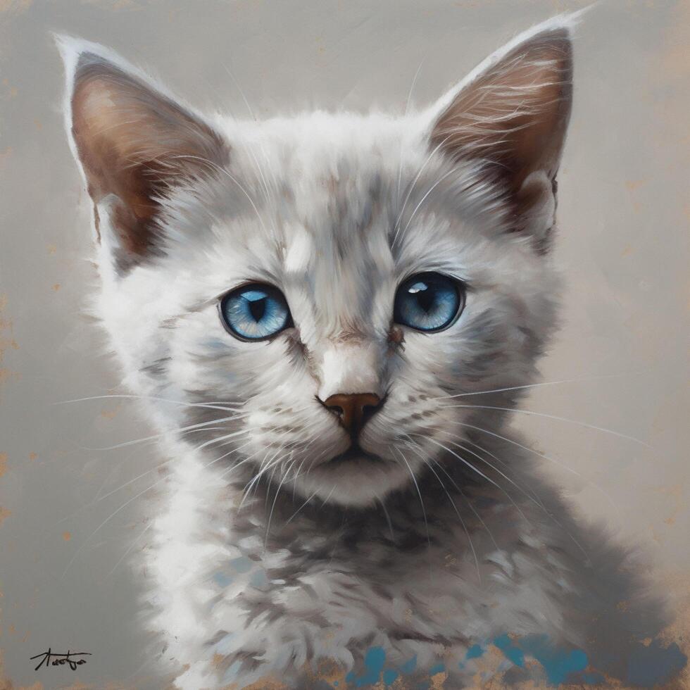 een schilderij van katje met blauw ogen ai gegenereerd foto